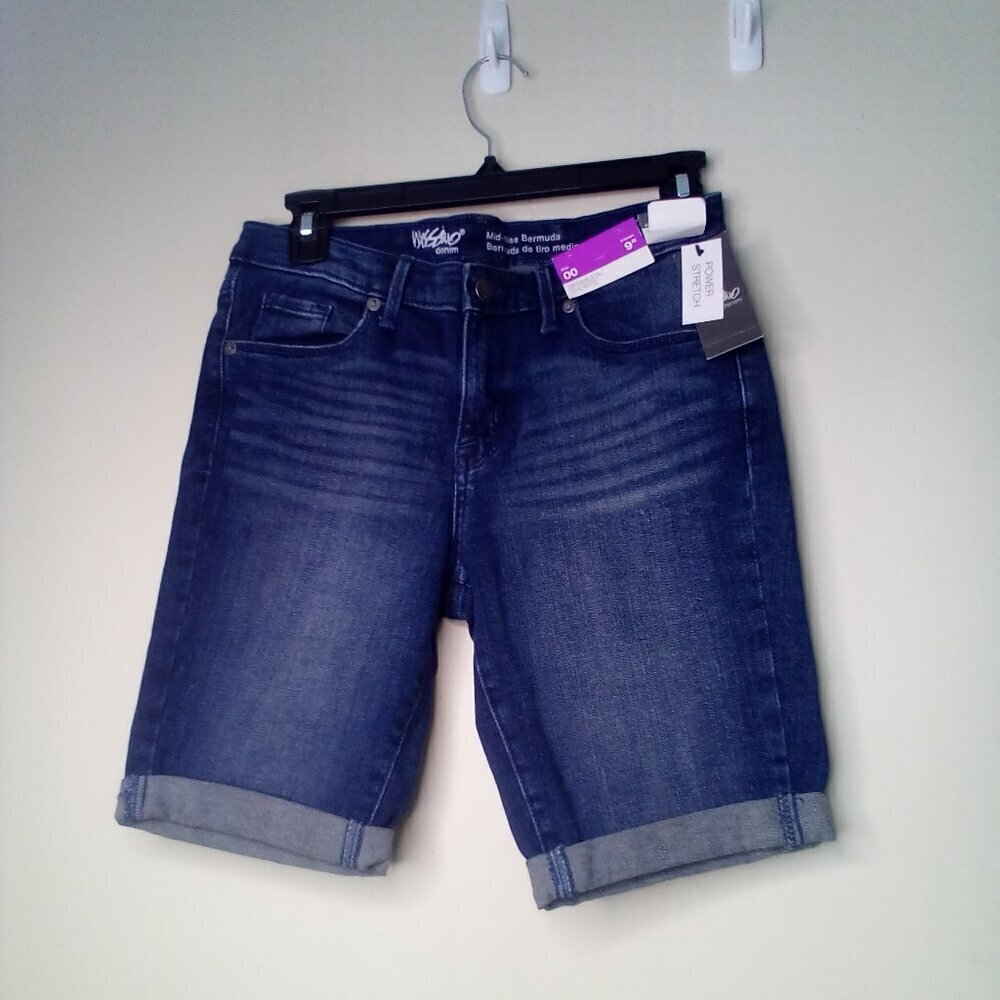 Mossimo Bermuda Shorts Women 00 Mid-Rise Power Stretch Roll Hem Denim Blue
